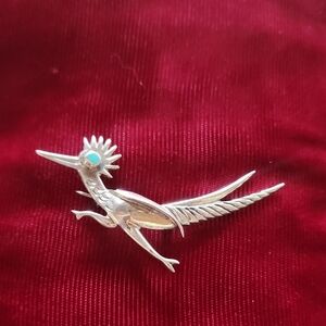 Native American Navajo Roadrunner Brooch with Turquoise Accent